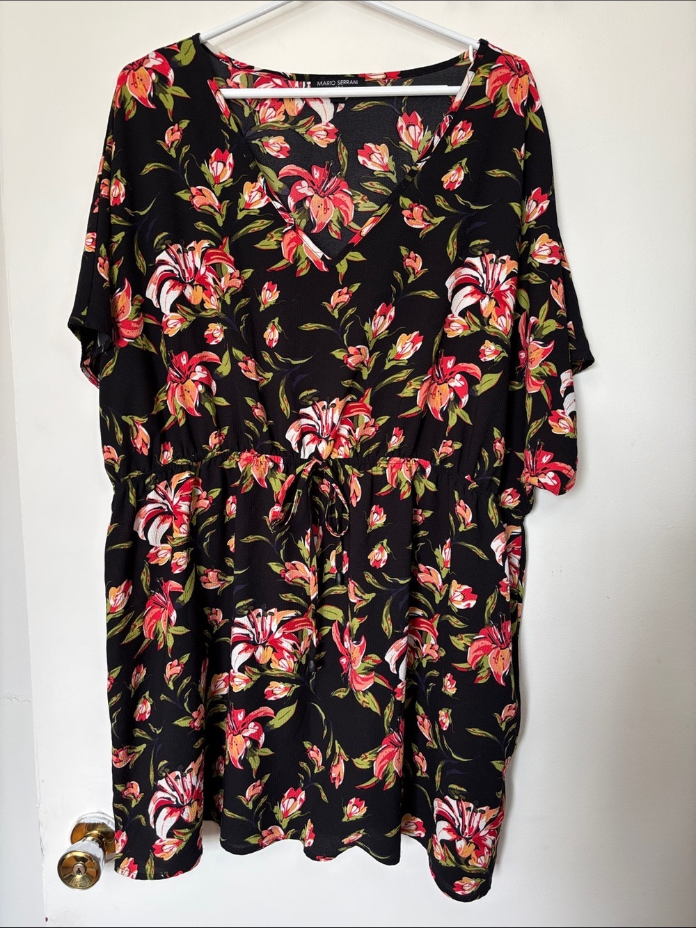 Mario Serrani Black Floral Mini Dress with Red and Pink Blooms